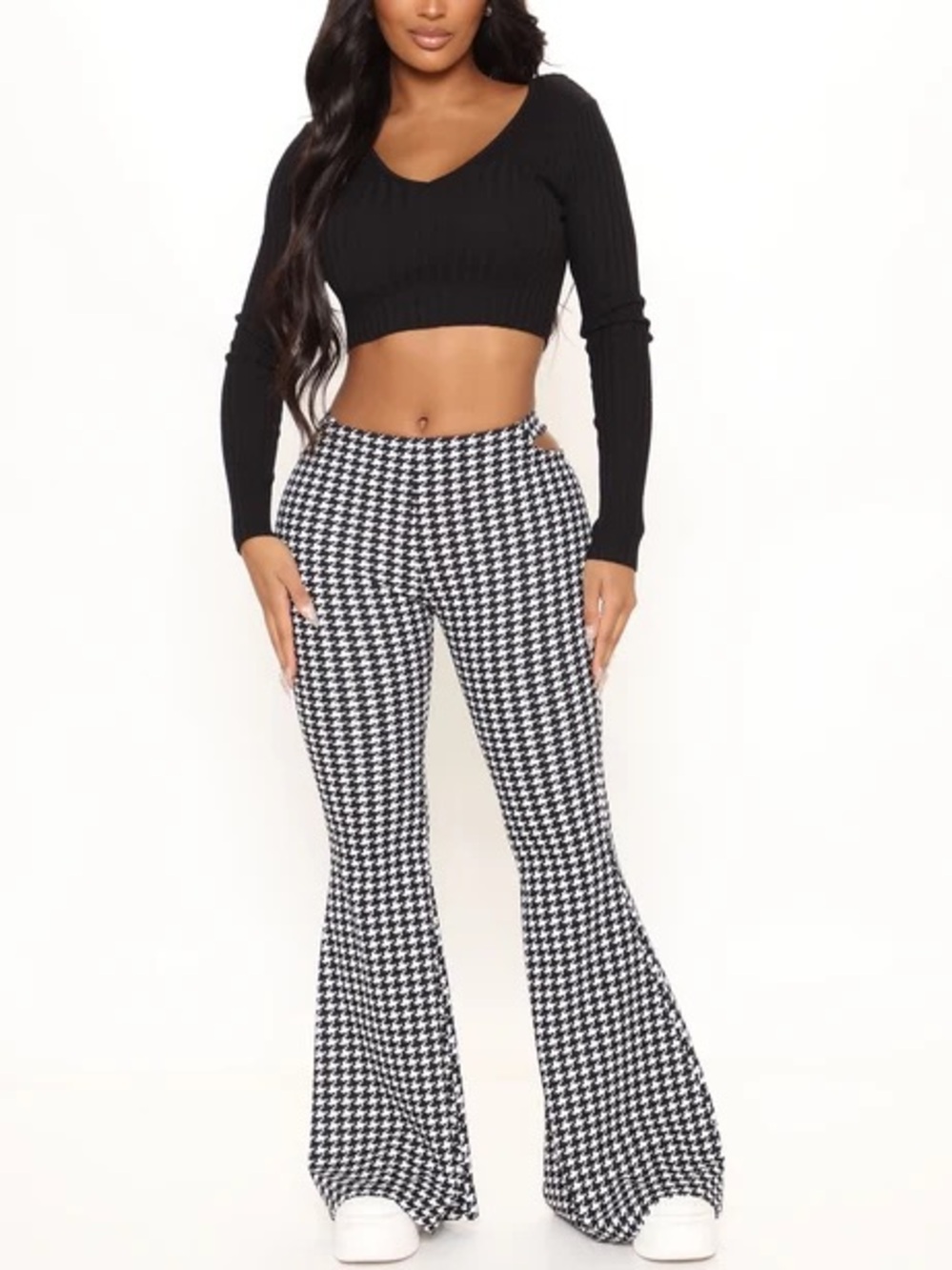 High-Waist Houndstooth Flare Pants - Black & White